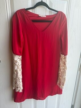 Altar’d State Red dress with Cream Boho Western Crochet Sleeves Size M